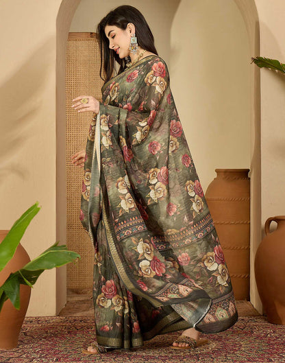 Army Green Silk Floral Printed Saree