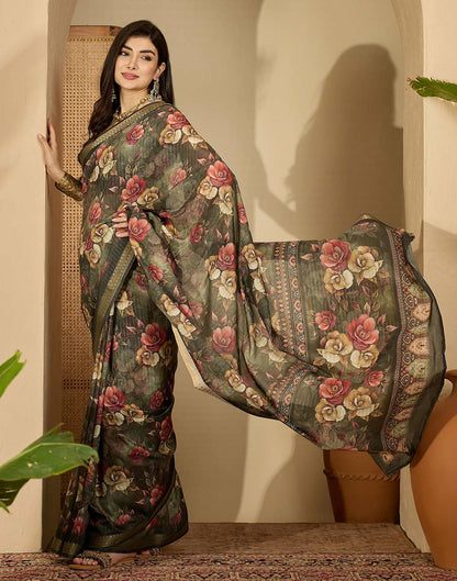 Army Green Silk Floral Printed Saree