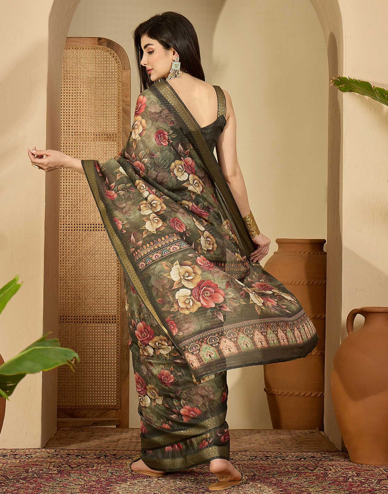 Army Green Silk Floral Printed Saree