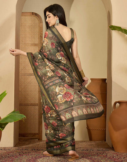 Army Green Silk Floral Printed Saree