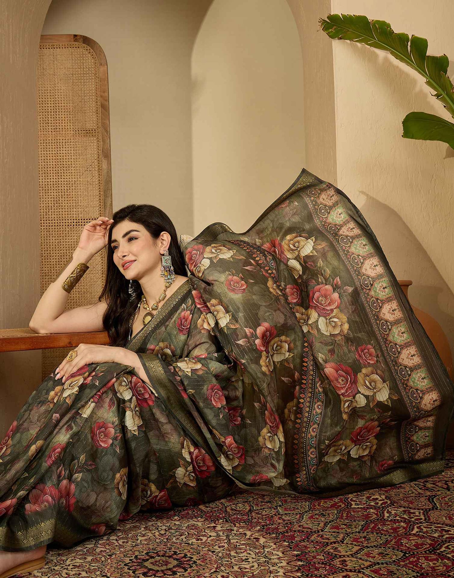 Army Green Silk Floral Printed Saree