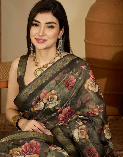 Army Green Silk Floral Printed Saree