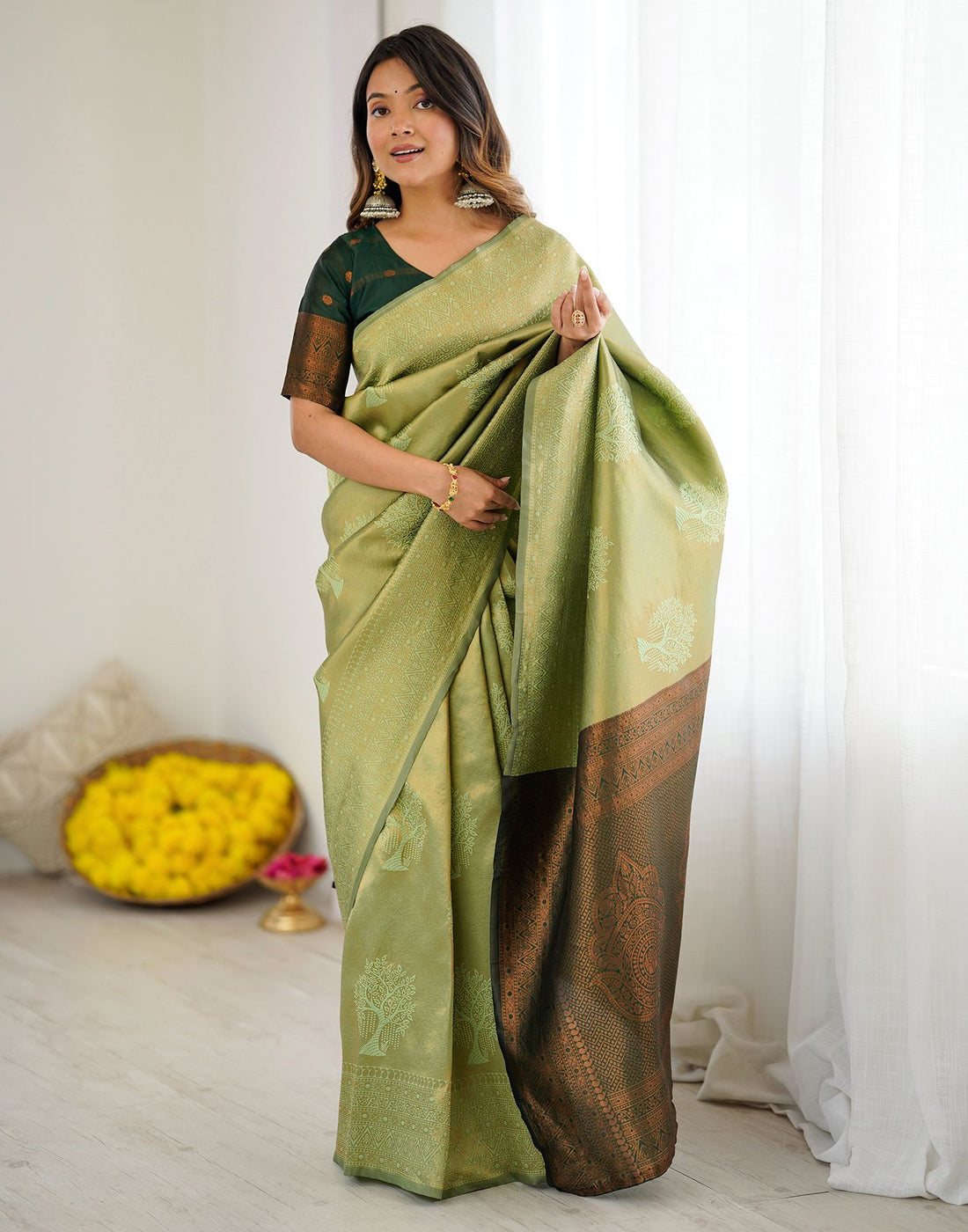 Pista Green Silk Woven Saree