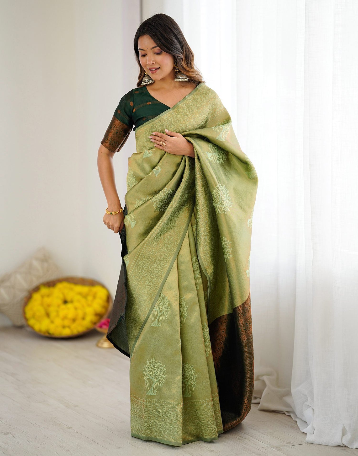 Pista Green Silk Woven Saree