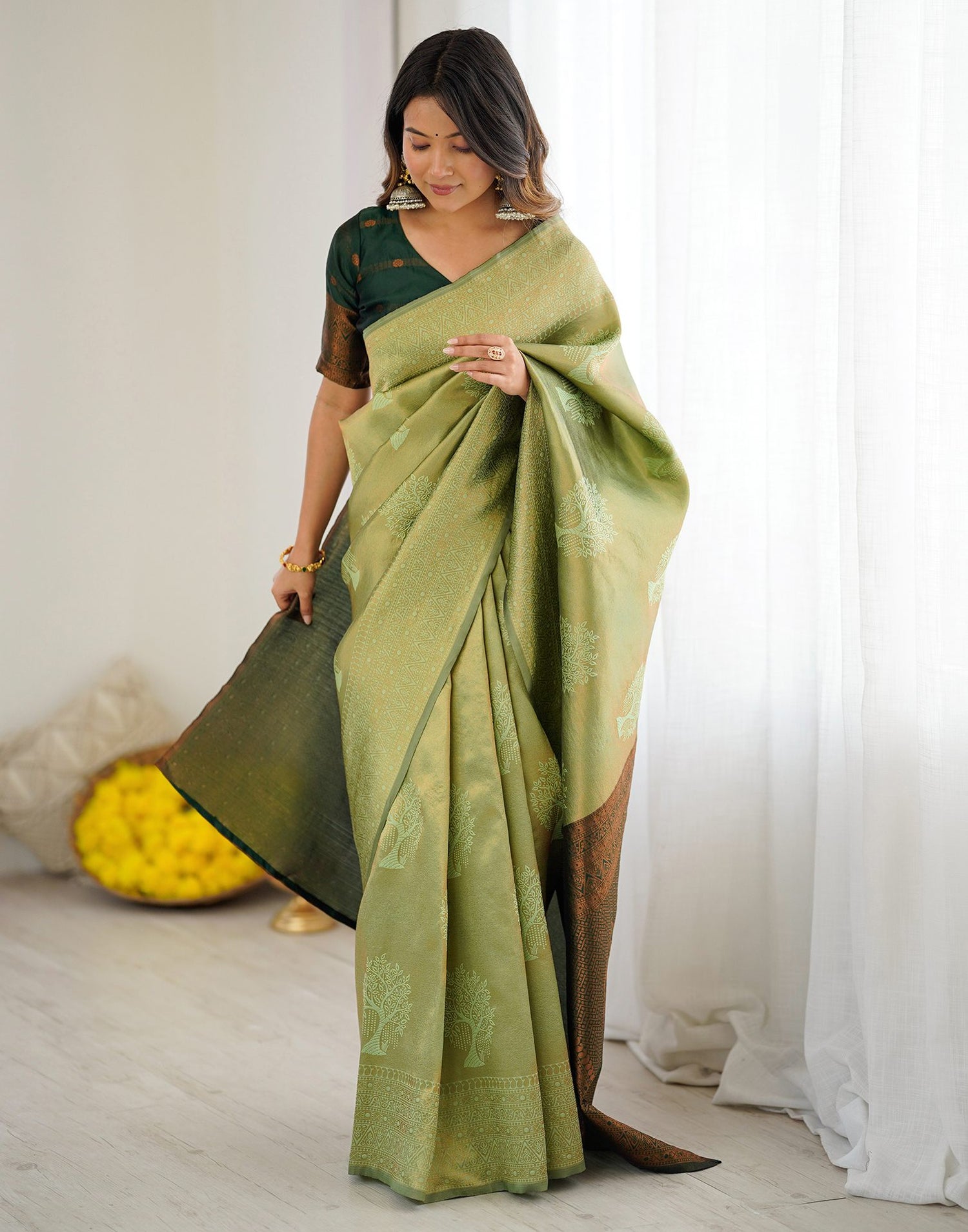 Pista Green Silk Woven Saree