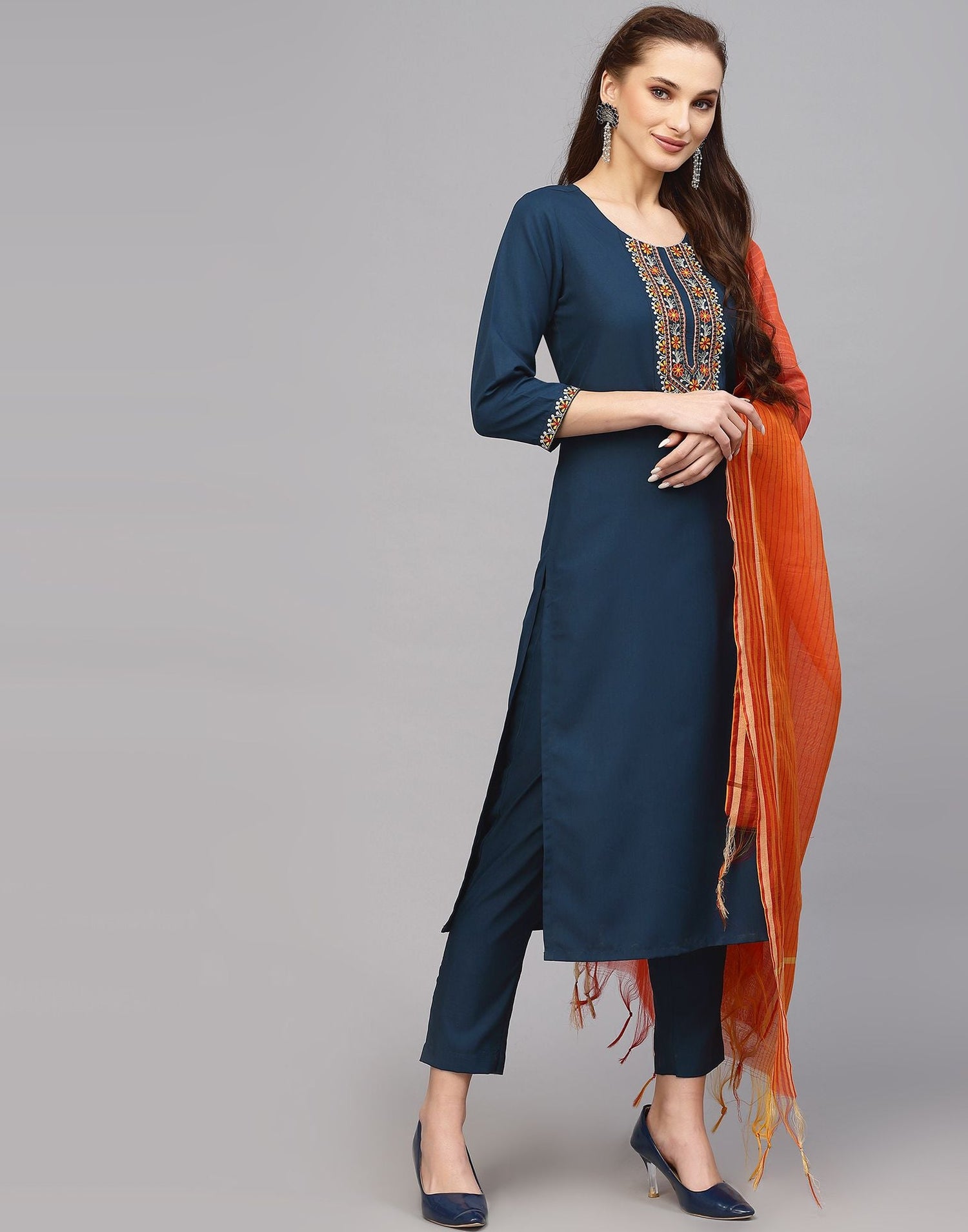 Blue Embroidery Kurti With Pant And Dupatta | Leemboodi