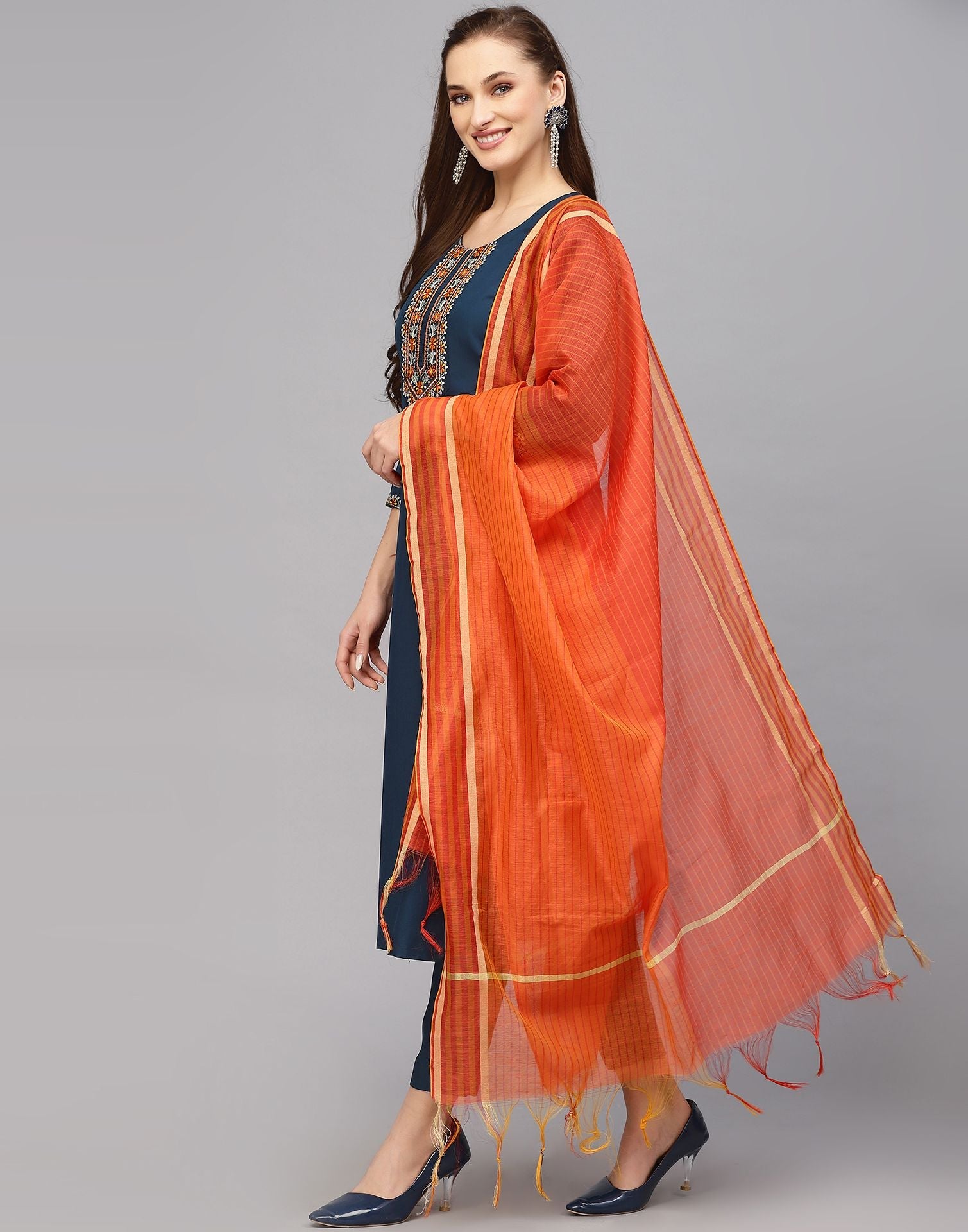 Blue Embroidery Kurti With Pant And Dupatta | Leemboodi