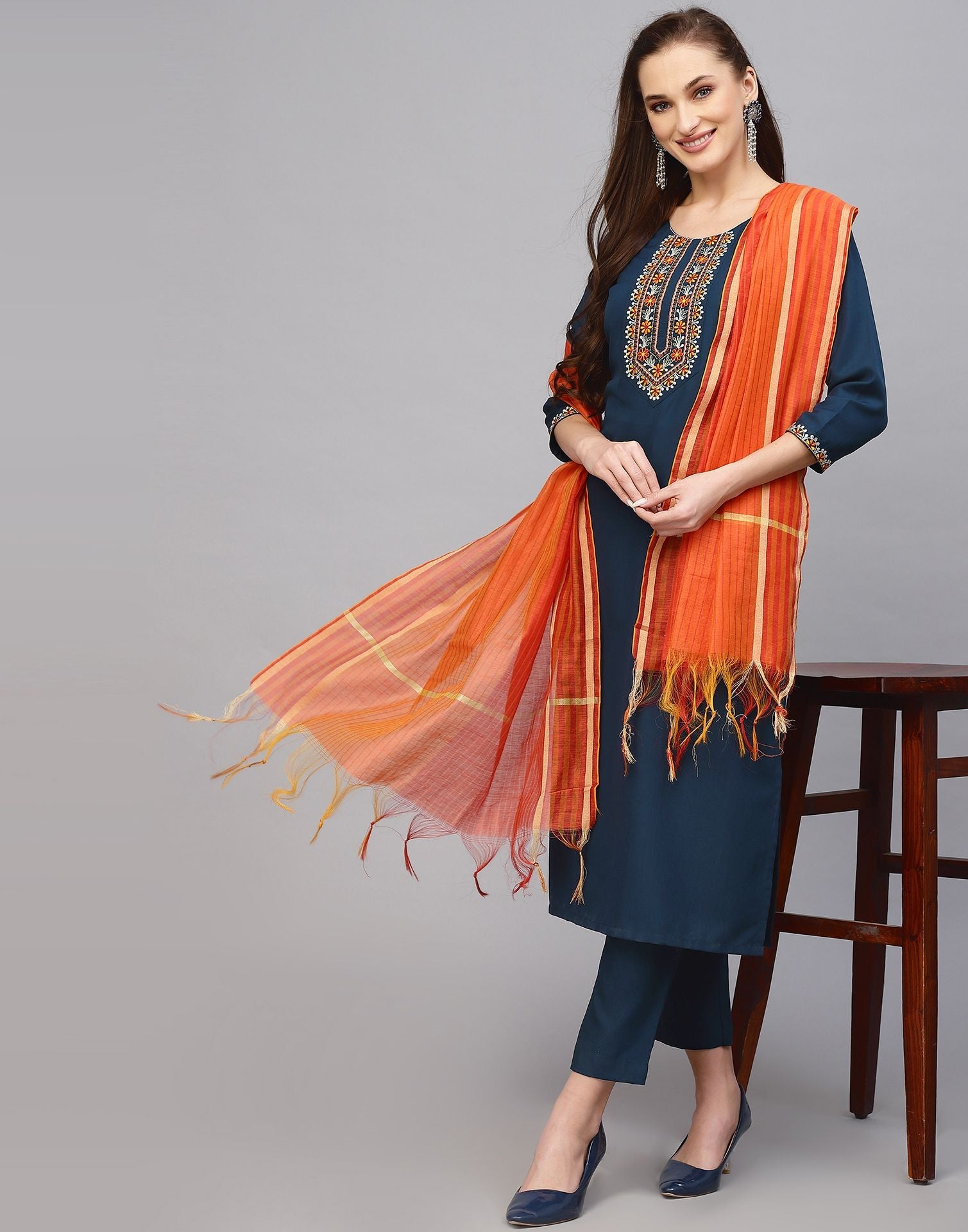 Blue Embroidery Kurti With Pant And Dupatta | Leemboodi