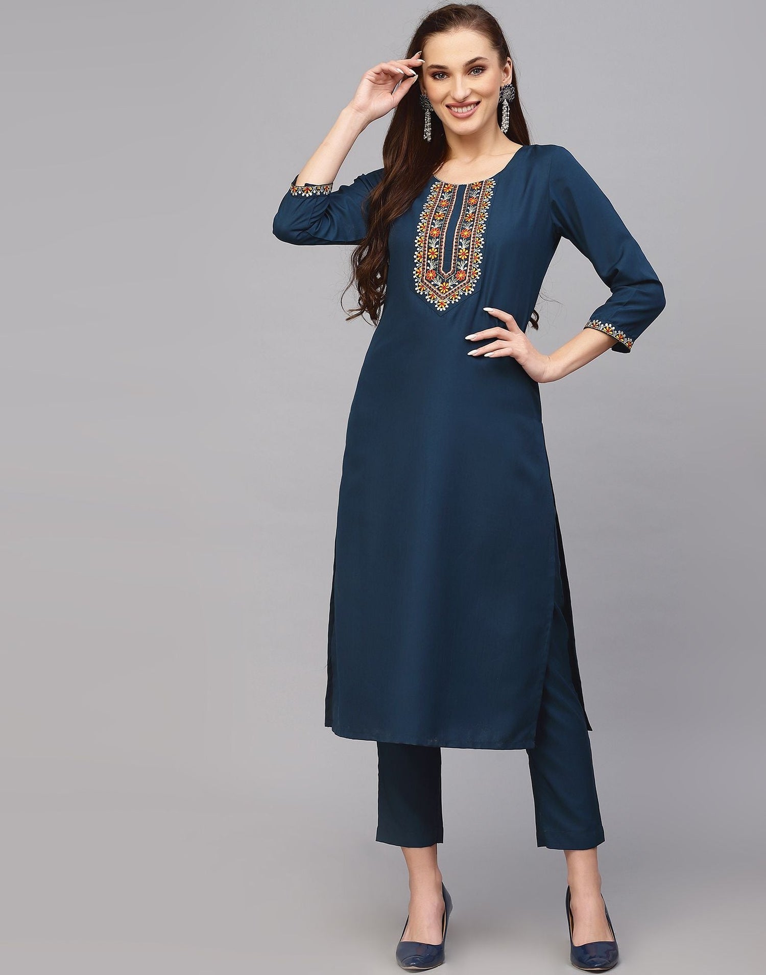 Blue Embroidery Kurti With Pant And Dupatta | Leemboodi