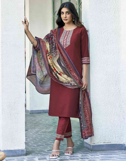 Maroon Printed Cotton Straight Kurta With Pant And Dupatta