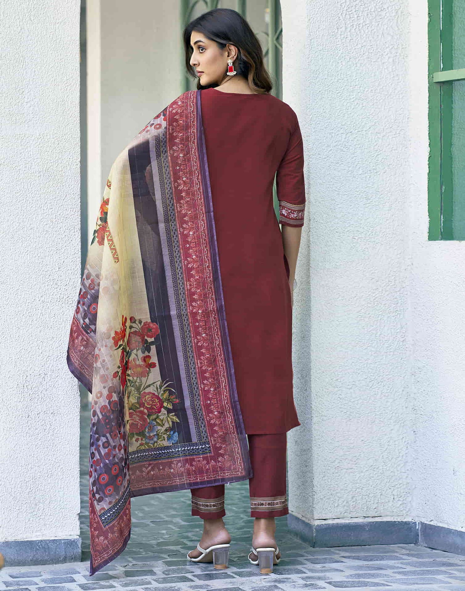 Maroon Printed Cotton Straight Kurta With Pant And Dupatta