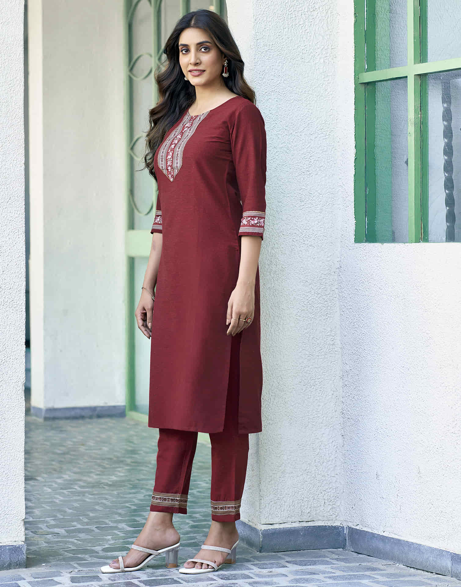 Maroon Printed Cotton Straight Kurta With Pant And Dupatta