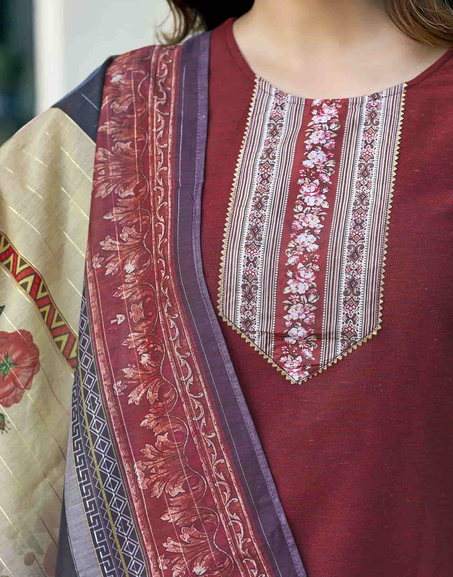 Maroon Printed Cotton Straight Kurta With Pant And Dupatta