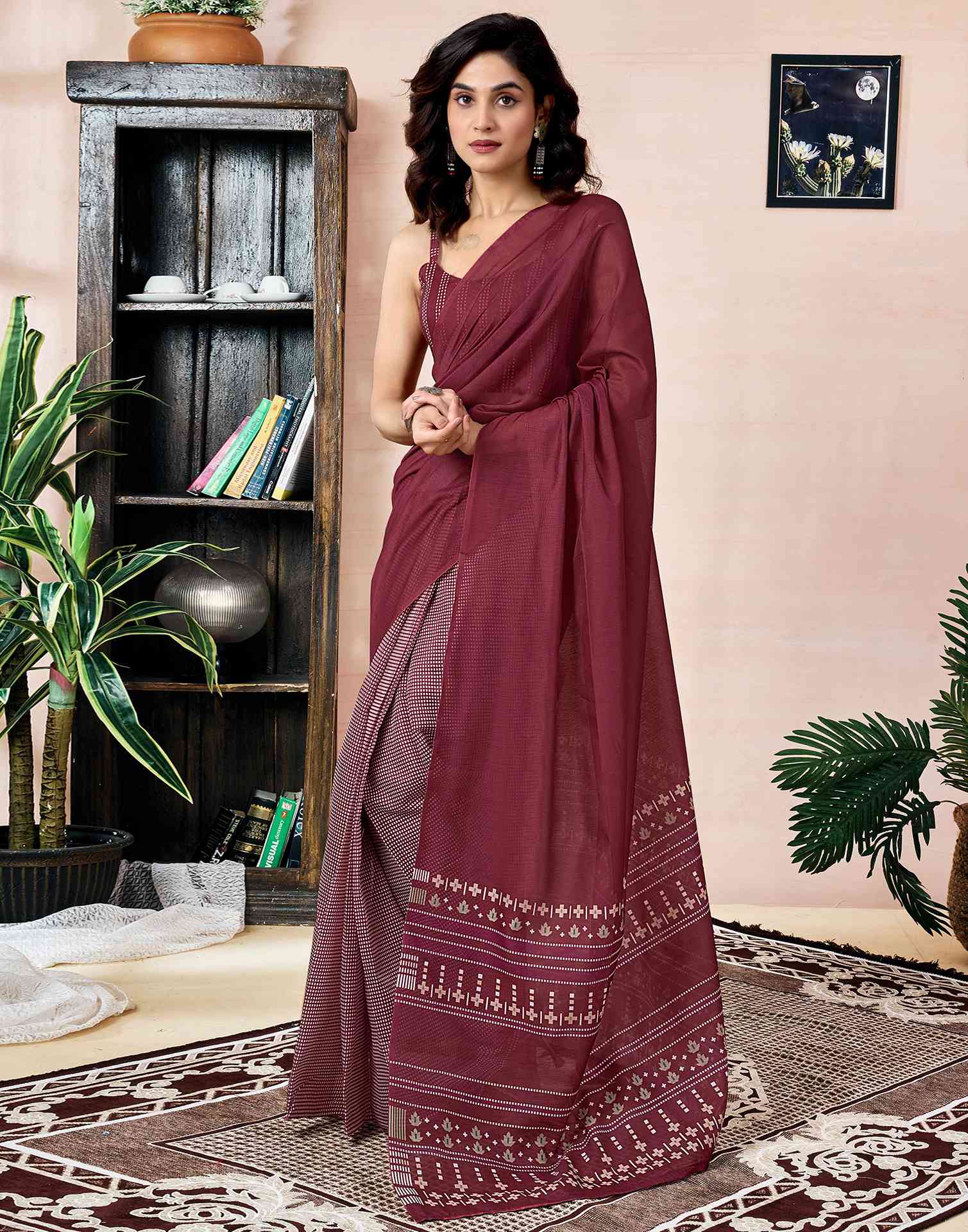Ready To Wear Maroon Chanderi Printed Saree With Pocket