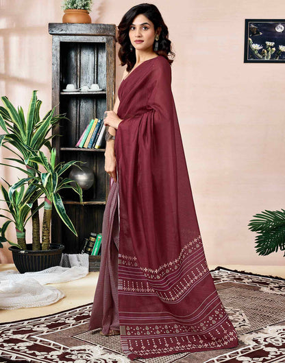 Ready To Wear Maroon Chanderi Printed Saree With Pocket