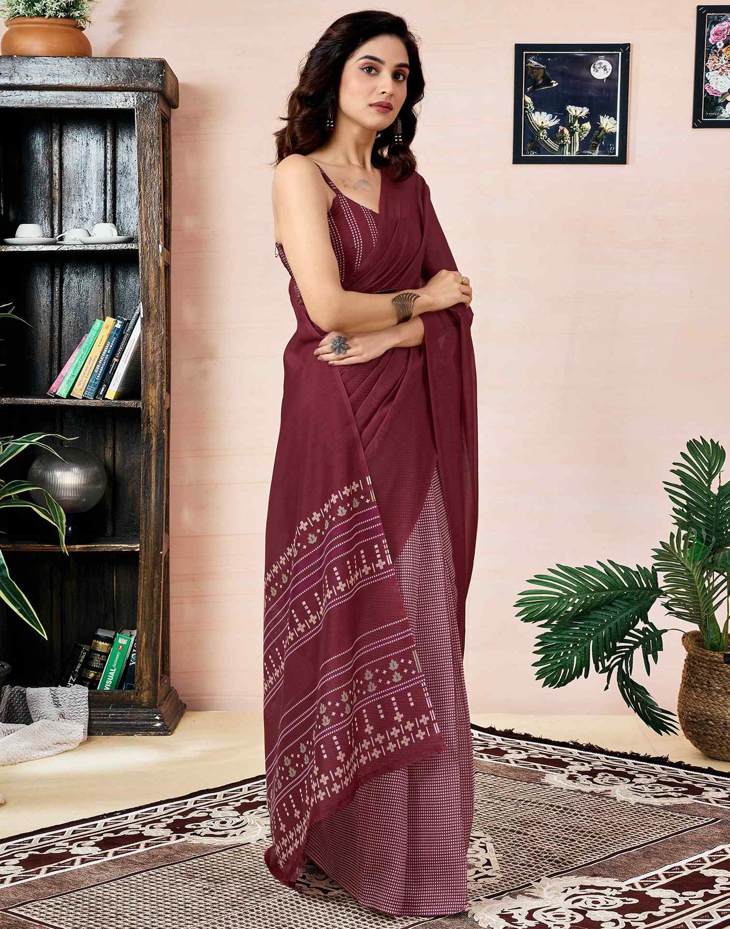 Ready To Wear Maroon Chanderi Printed Saree With Pocket