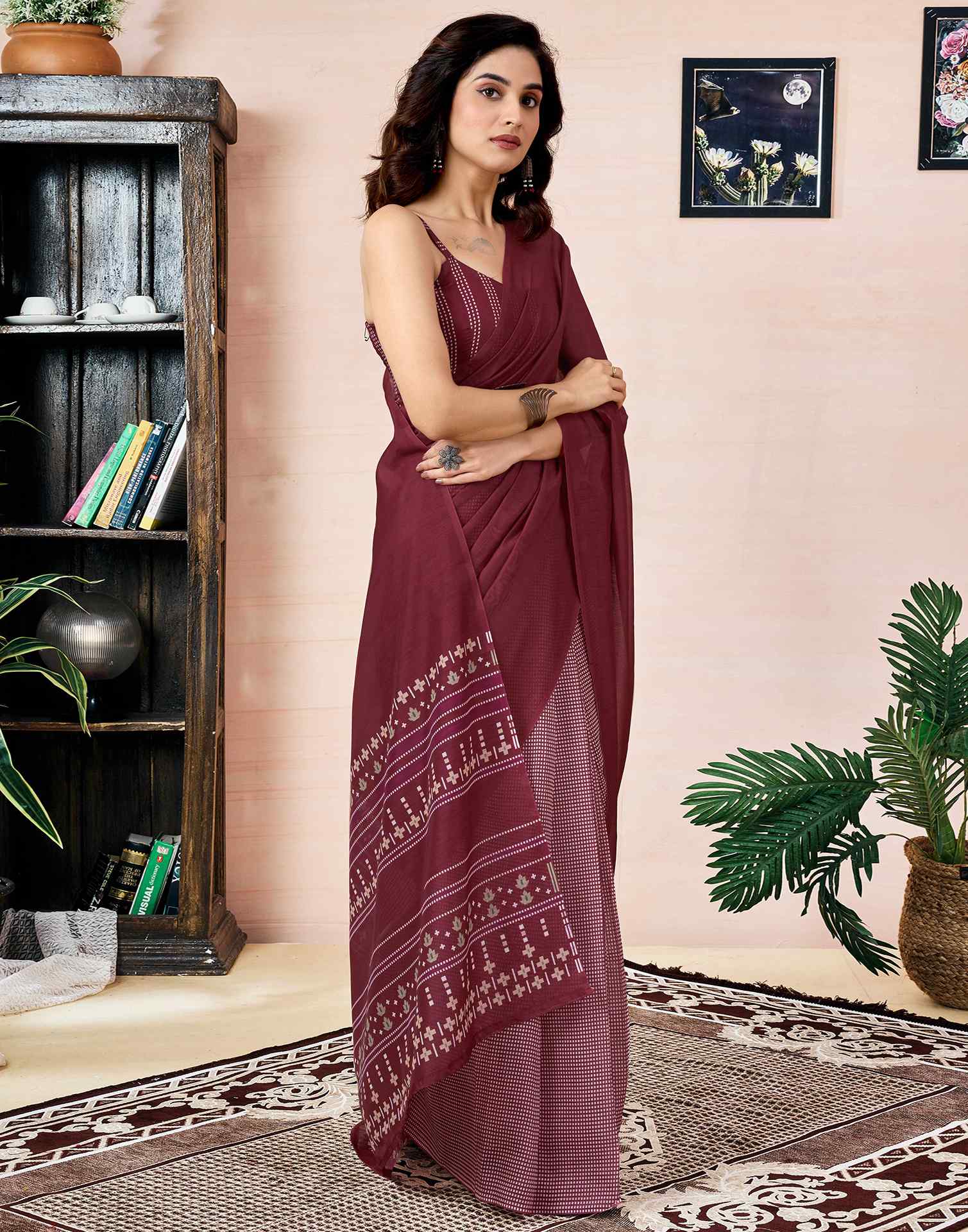 Ready To Wear Maroon Chanderi Printed Saree With Pocket