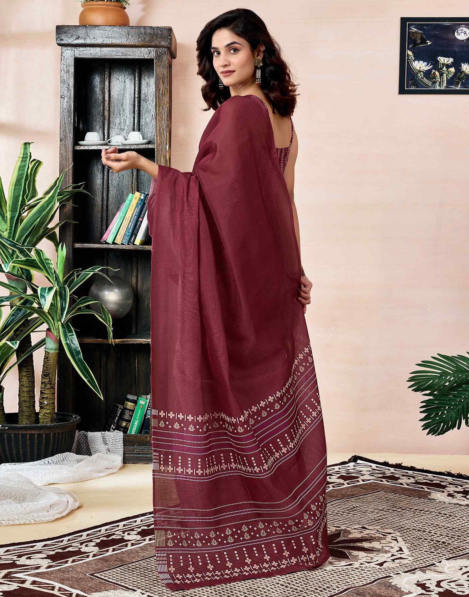 Ready To Wear Maroon Chanderi Printed Saree With Pocket