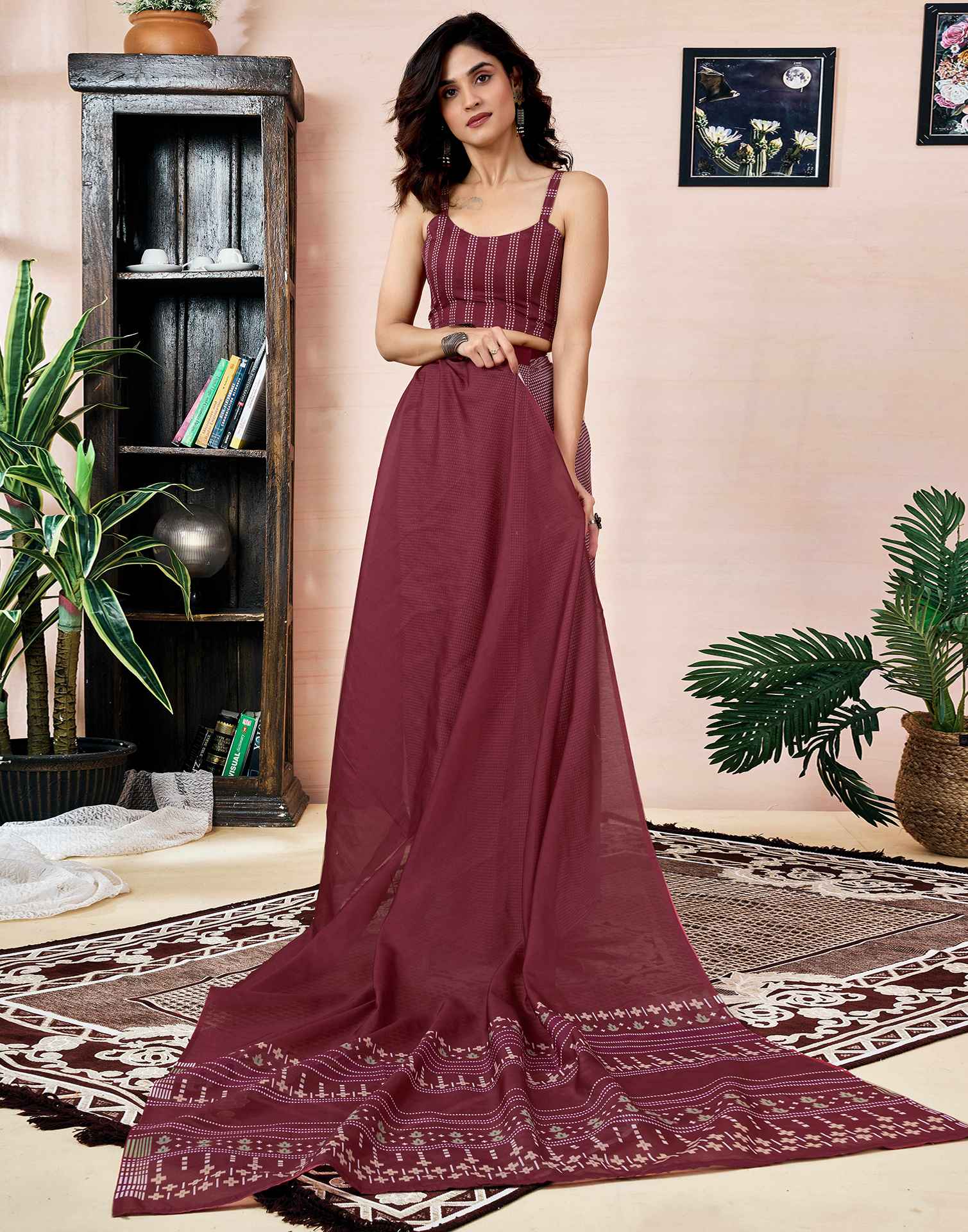 Ready To Wear Maroon Chanderi Printed Saree With Pocket