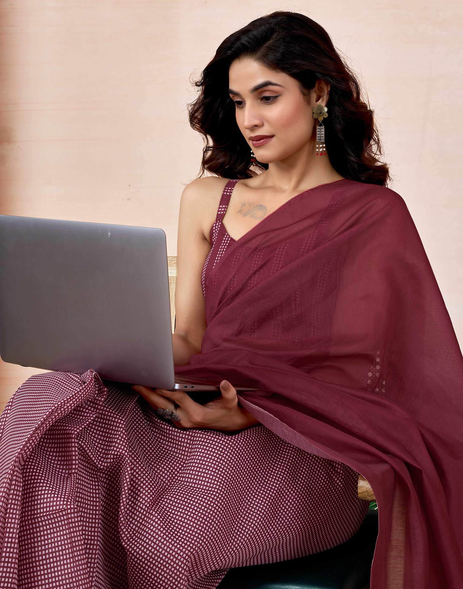 Ready To Wear Maroon Chanderi Printed Saree With Pocket