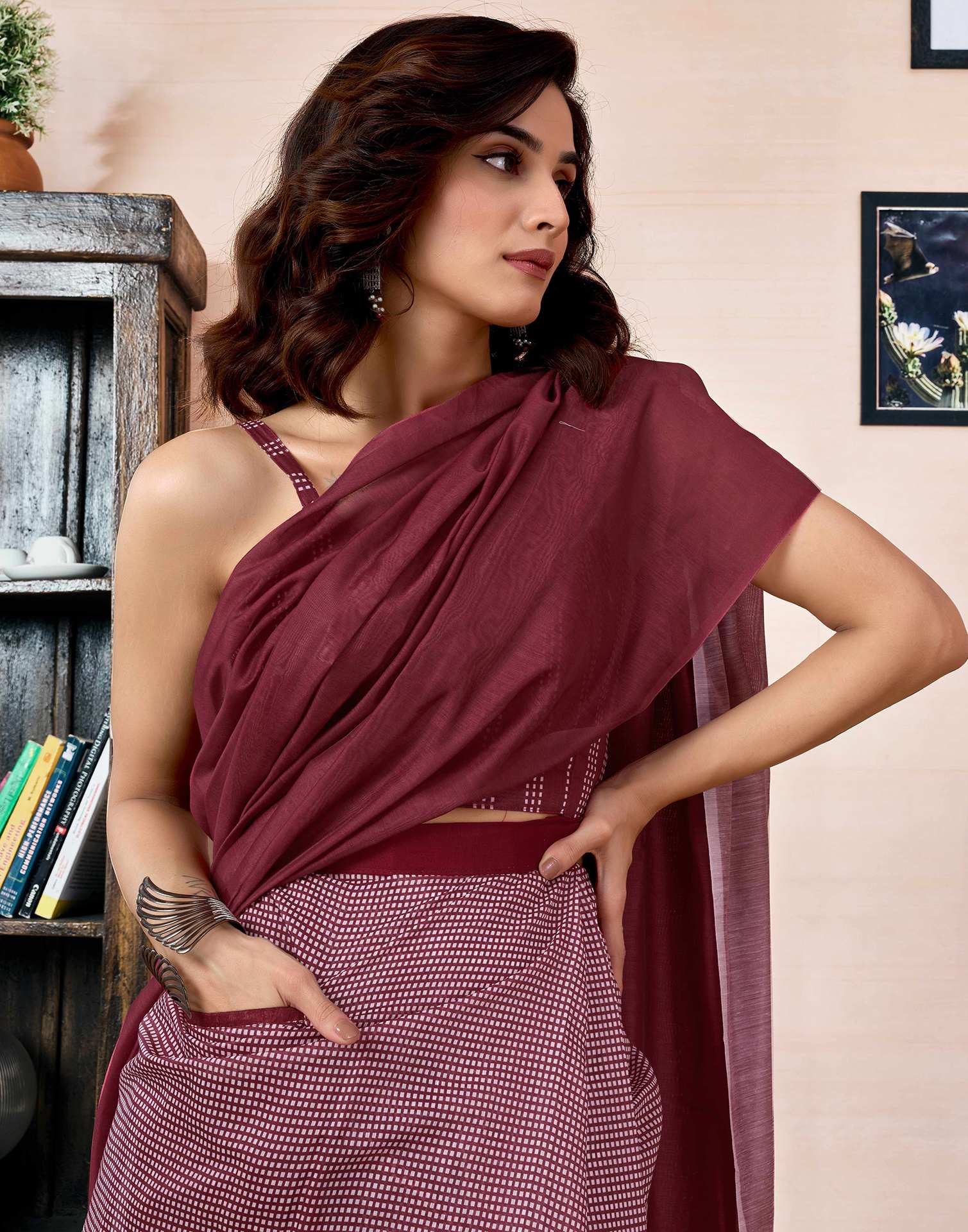 Ready To Wear Maroon Chanderi Printed Saree With Pocket
