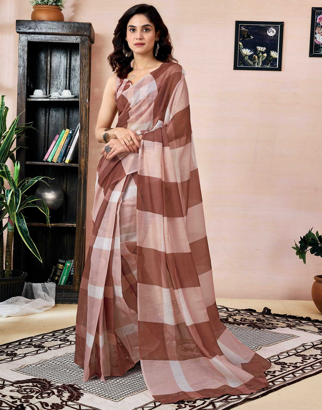Ready To Wear Brown Chanderi Printed Saree With Pocket