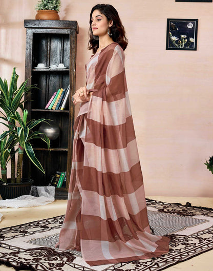 Ready To Wear Brown Chanderi Printed Saree With Pocket