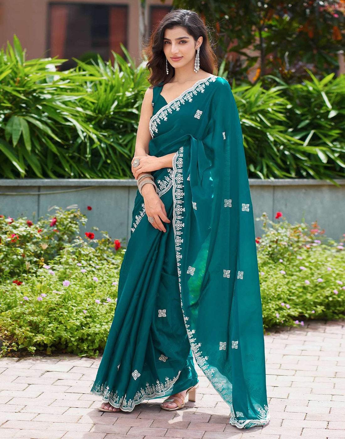 Rama Green Shimmer Sequence Embroidery Saree