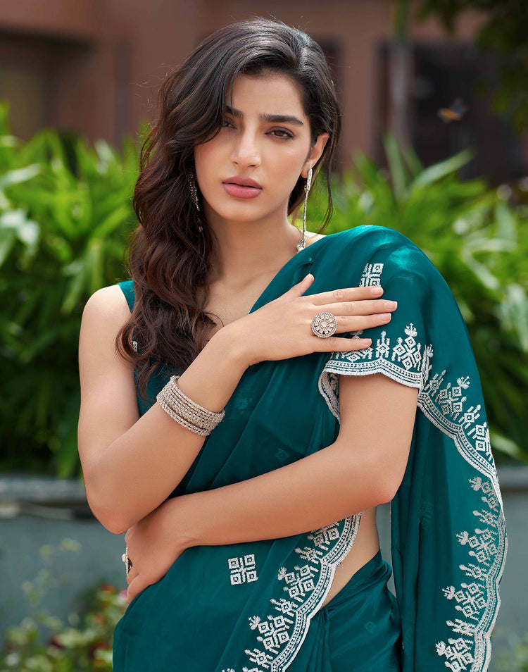 Rama Green Shimmer Sequence Embroidery Saree