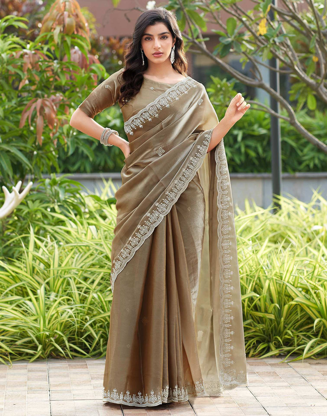 Beige Shimmer Sequence Embroidery Saree