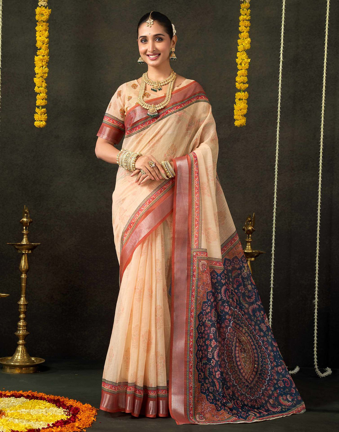 Dark Beige Cotton Printed Saree