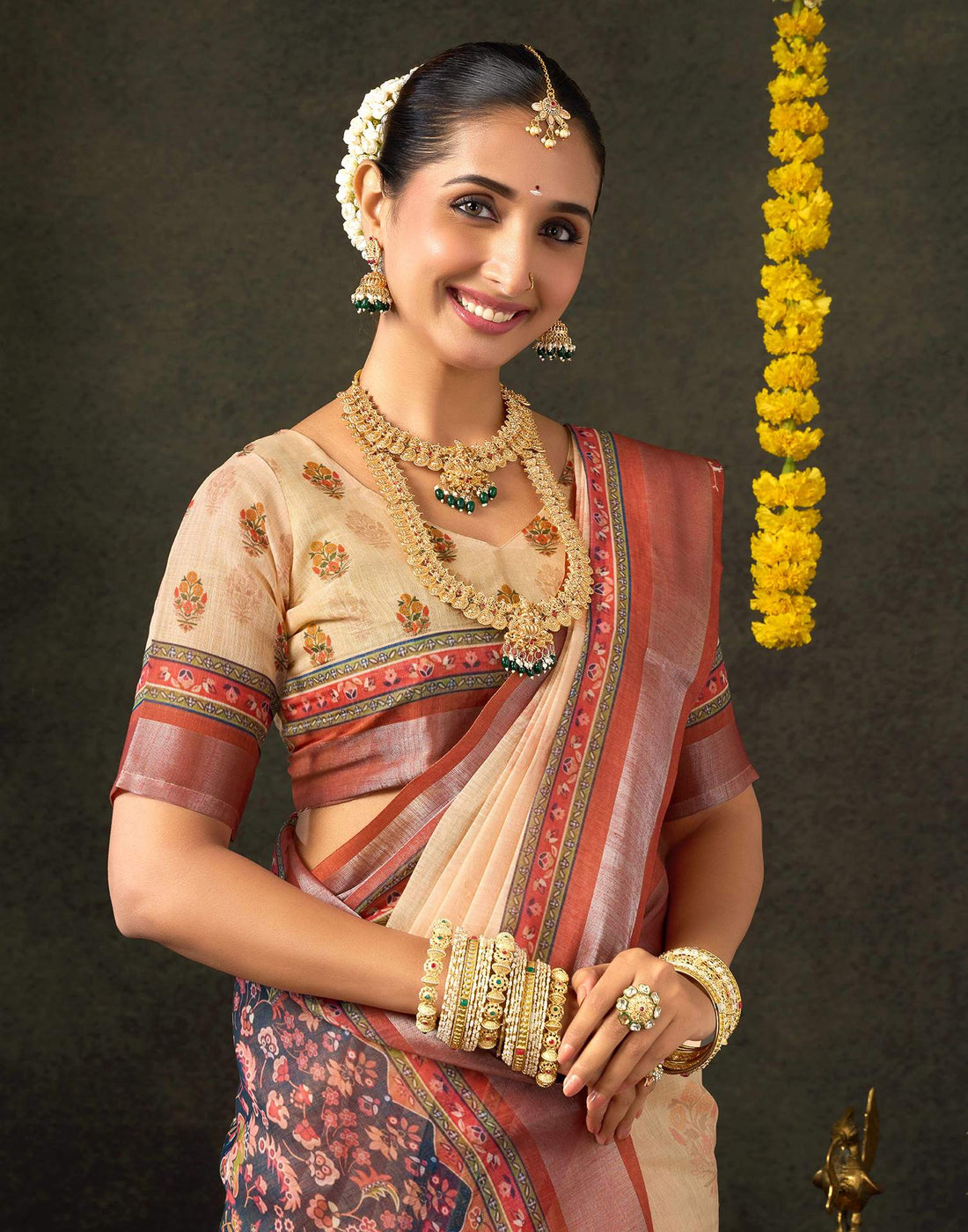 Dark Beige Cotton Printed Saree