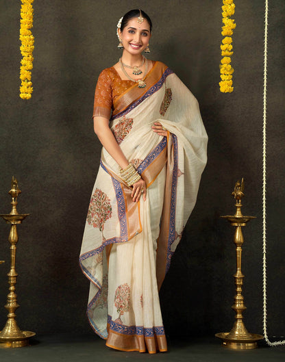 Beige Cotton Printed Saree