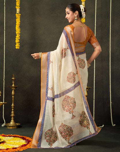 Beige Cotton Printed Saree