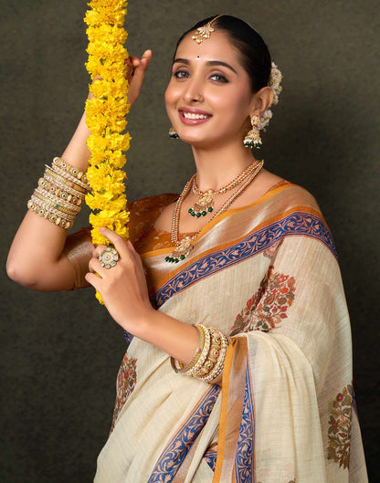 Beige Cotton Printed Saree