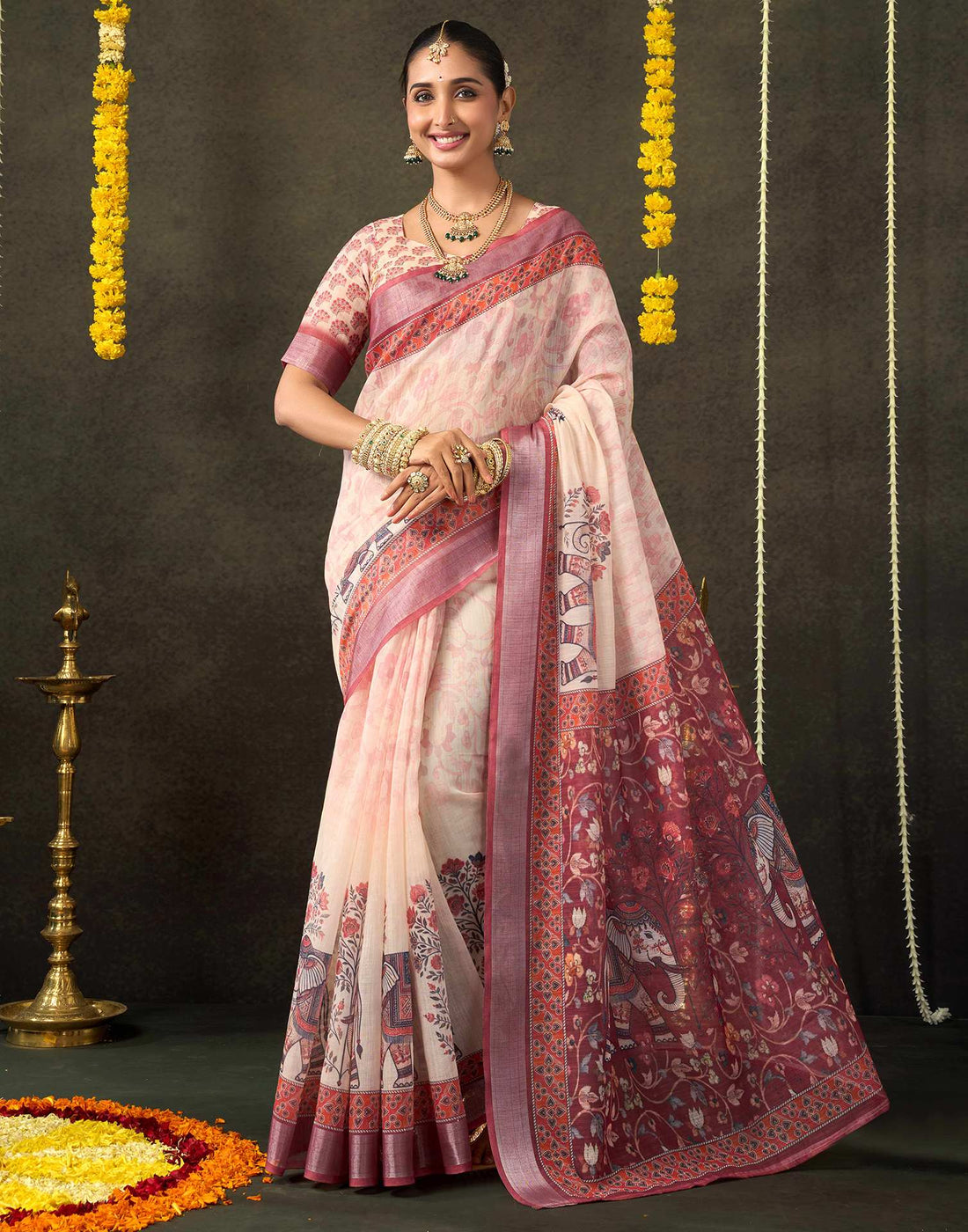 Dark Beige Cotton Printed Saree