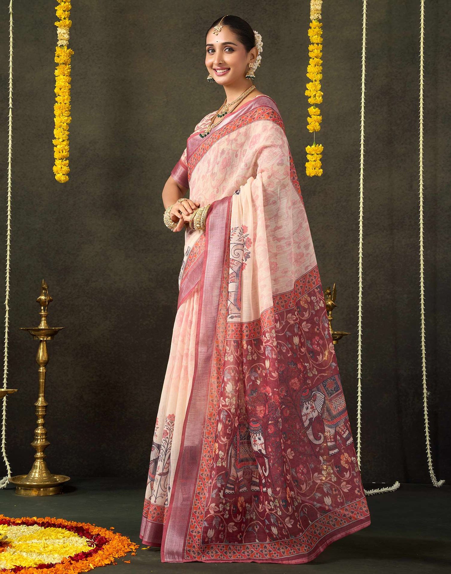 Dark Beige Cotton Printed Saree