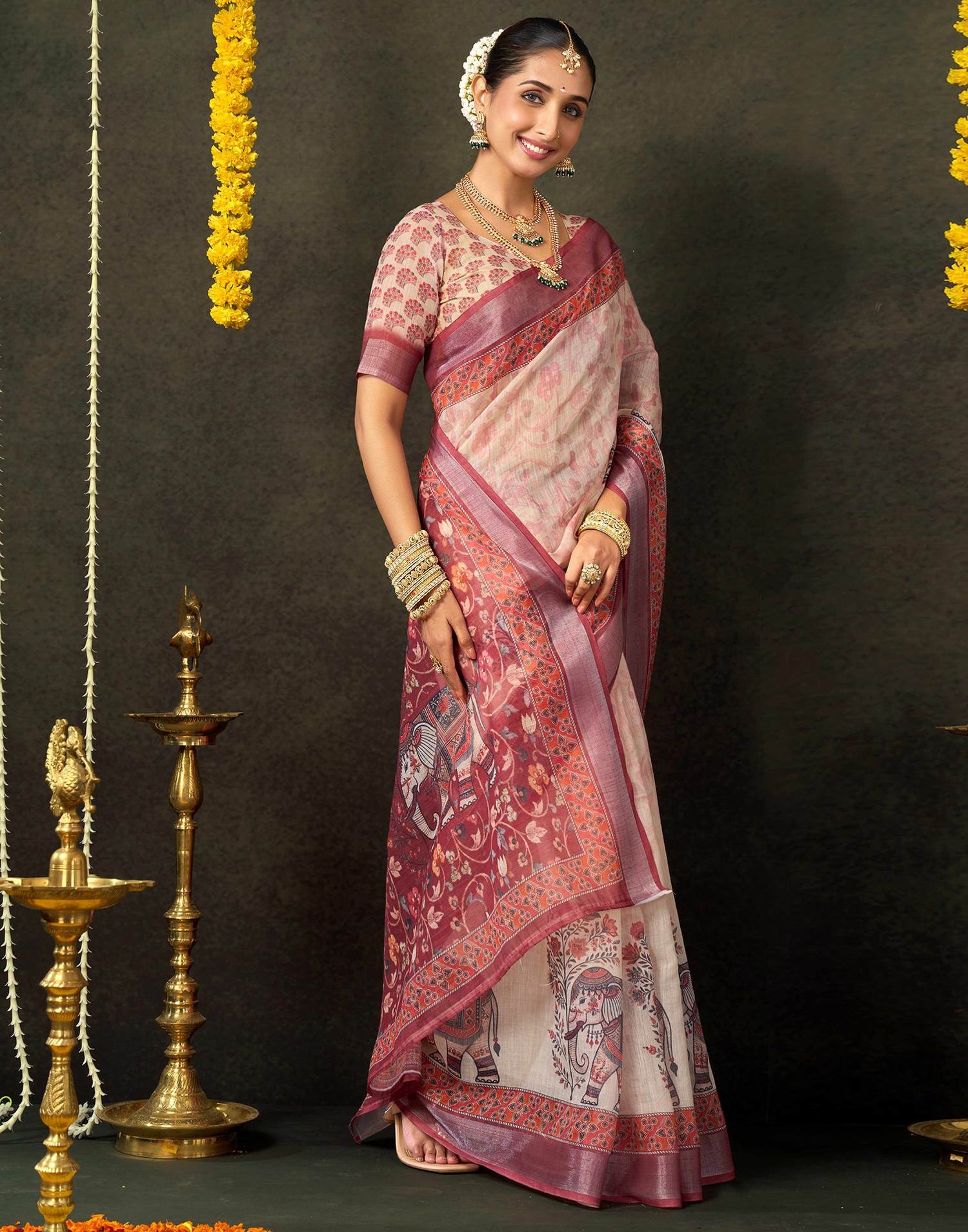 Dark Beige Cotton Printed Saree