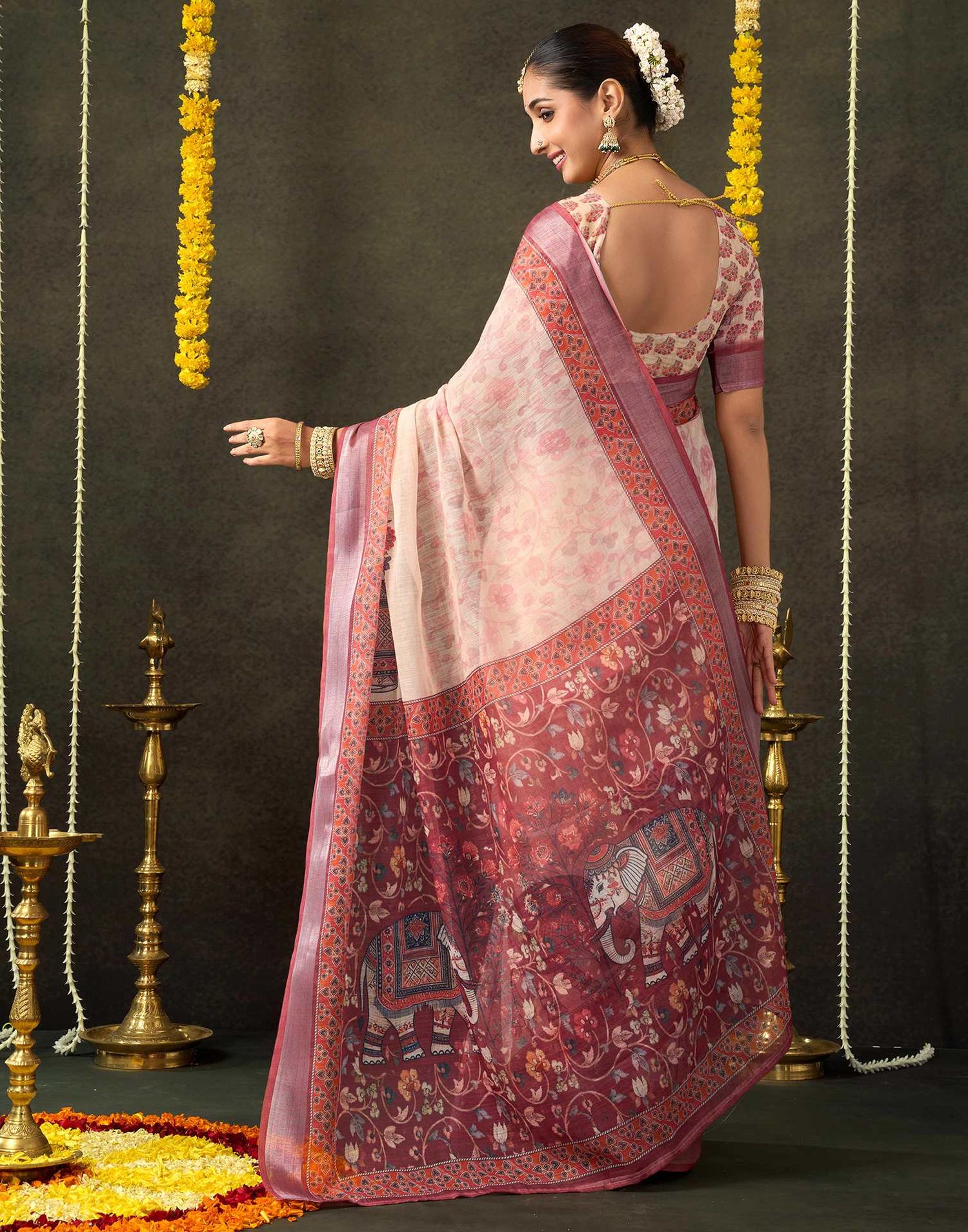 Dark Beige Cotton Printed Saree