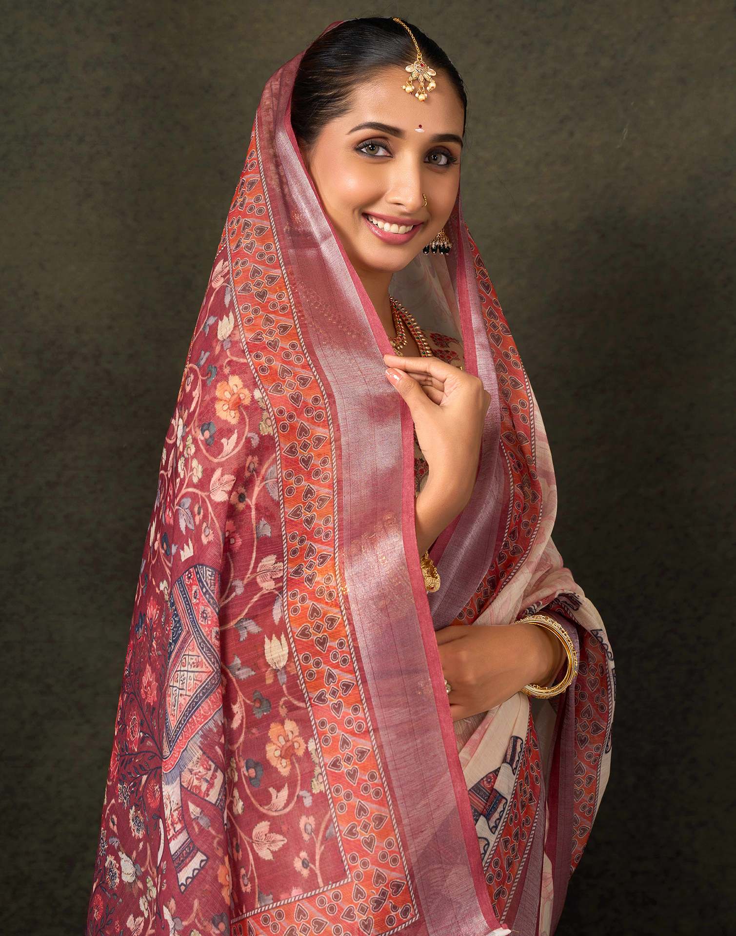Dark Beige Cotton Printed Saree