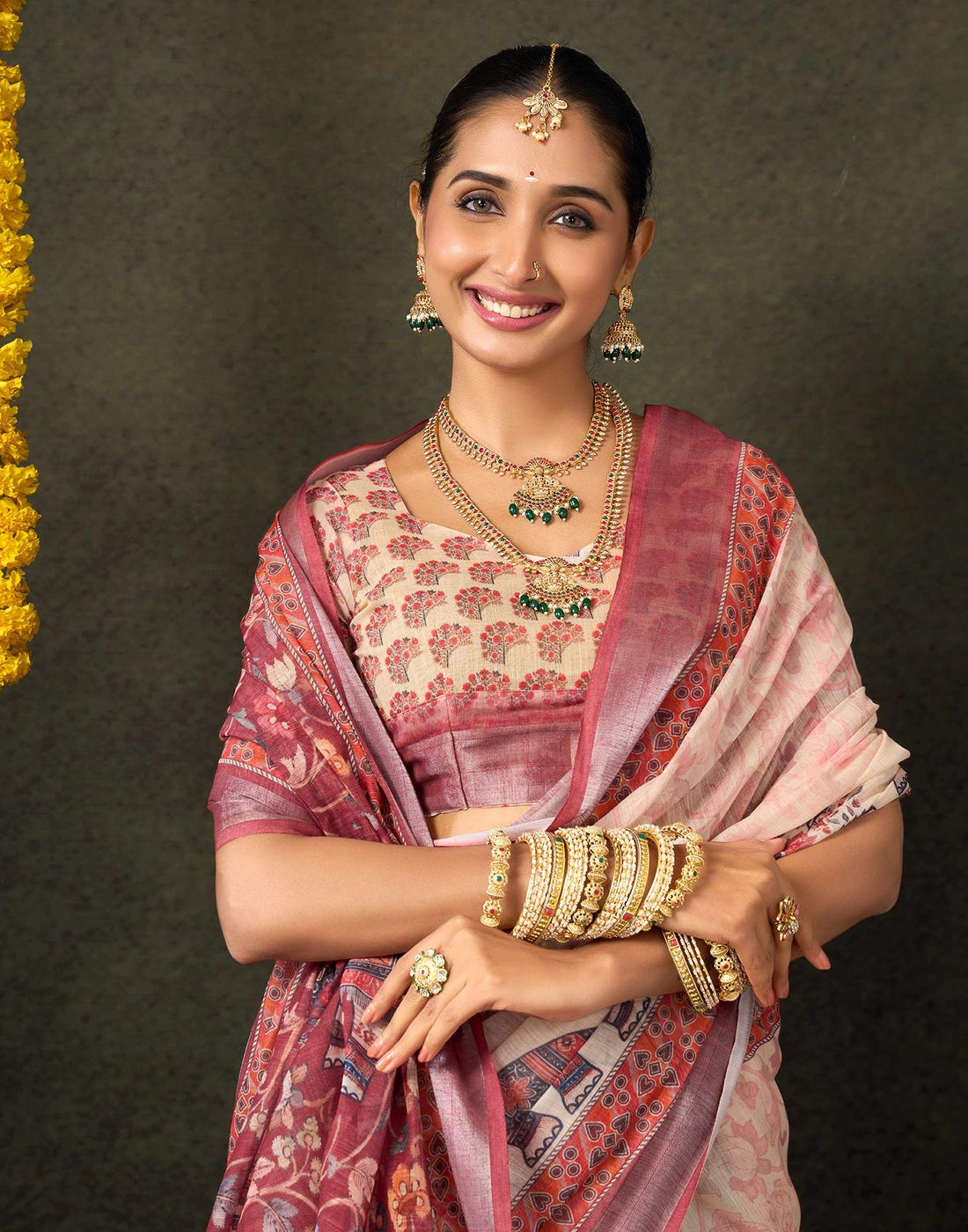 Dark Beige Cotton Printed Saree