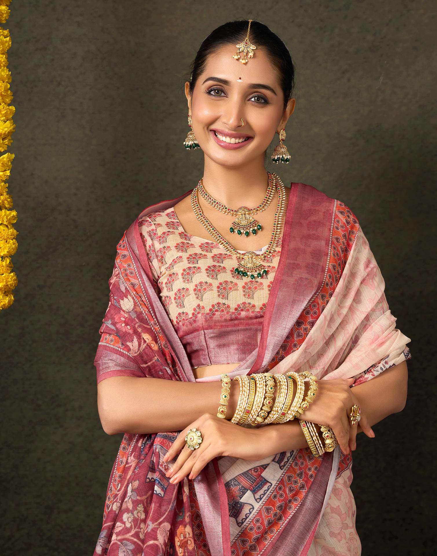 Dark Beige Cotton Printed Saree