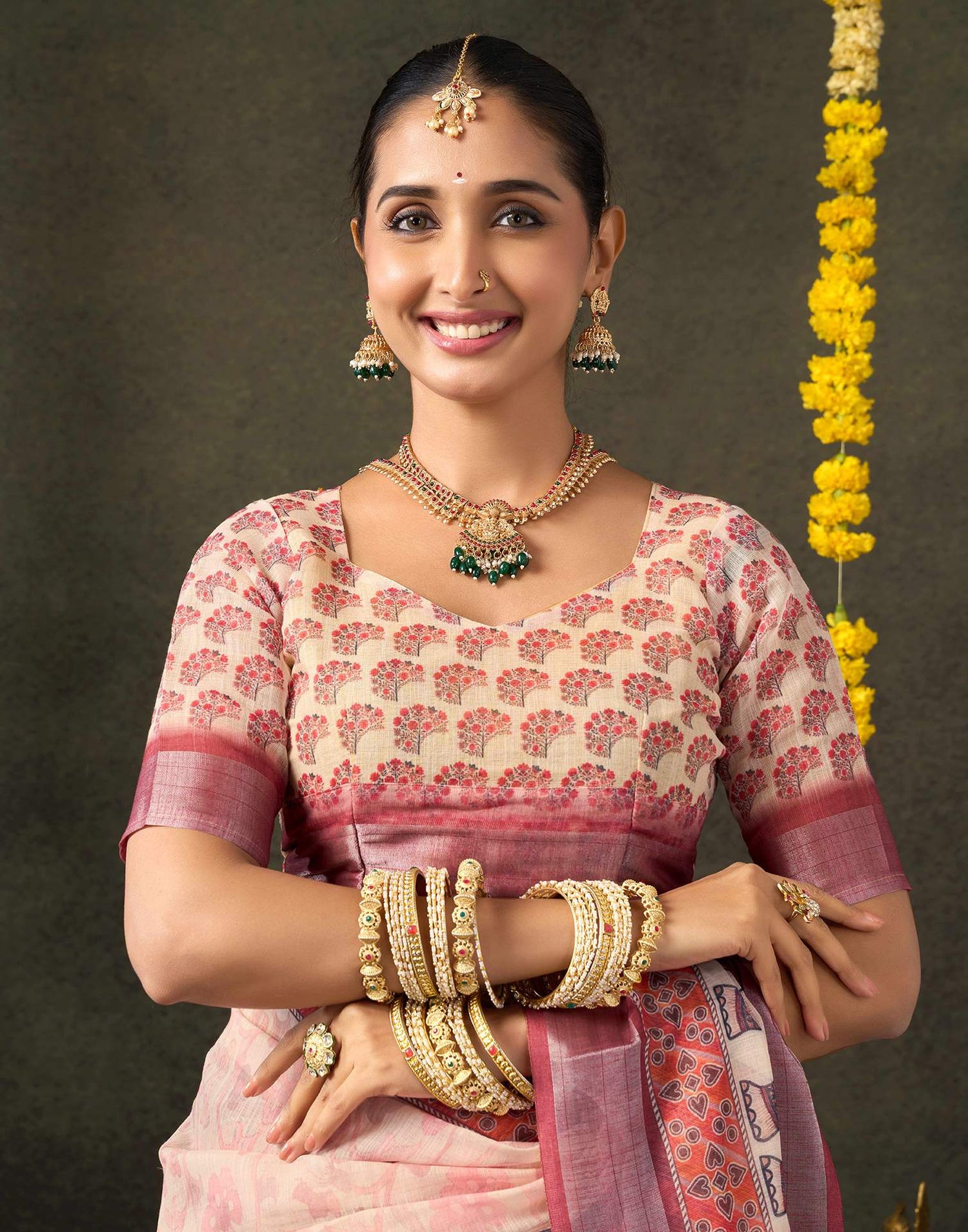 Dark Beige Cotton Printed Saree