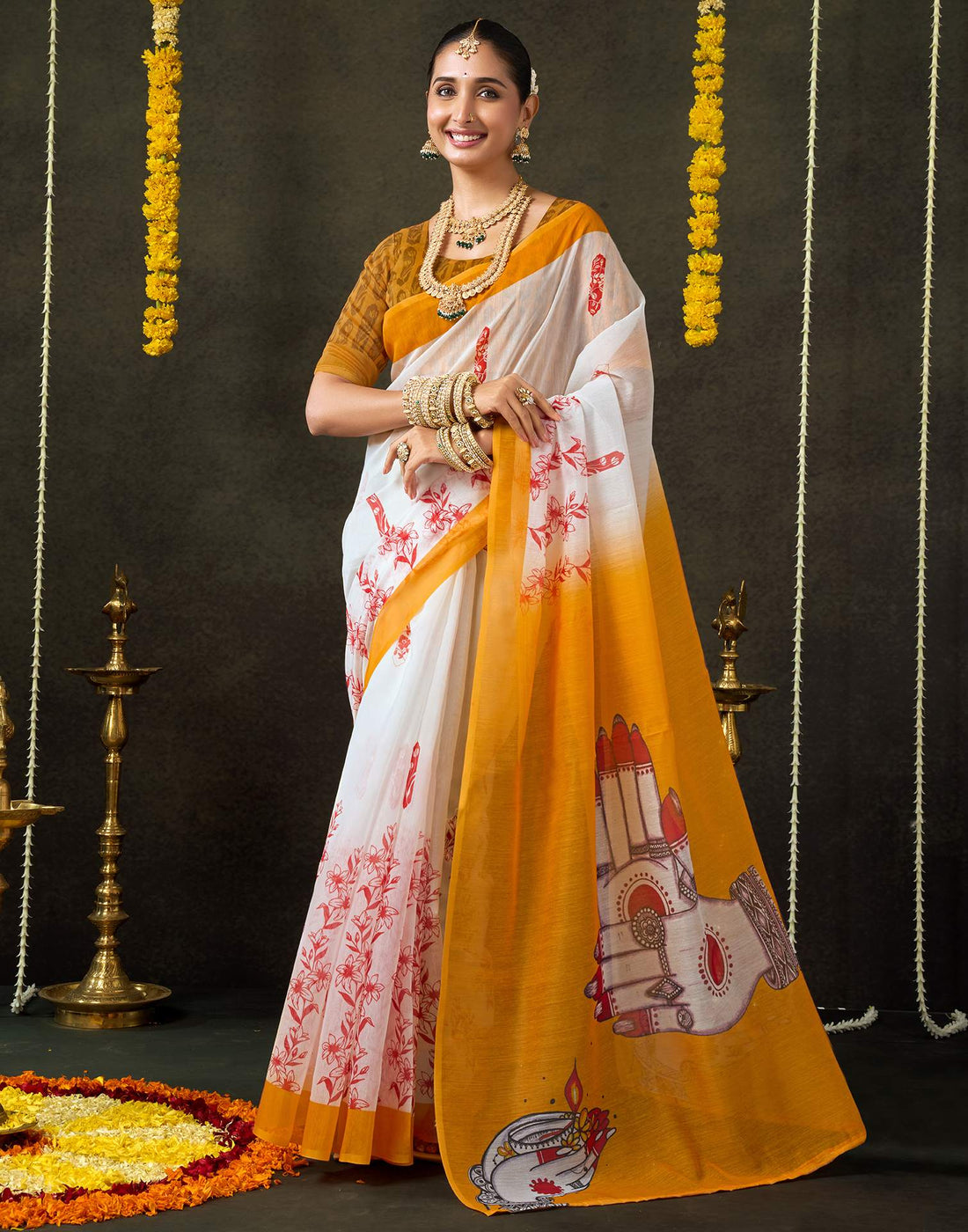 Off White Cotton Printed Saree