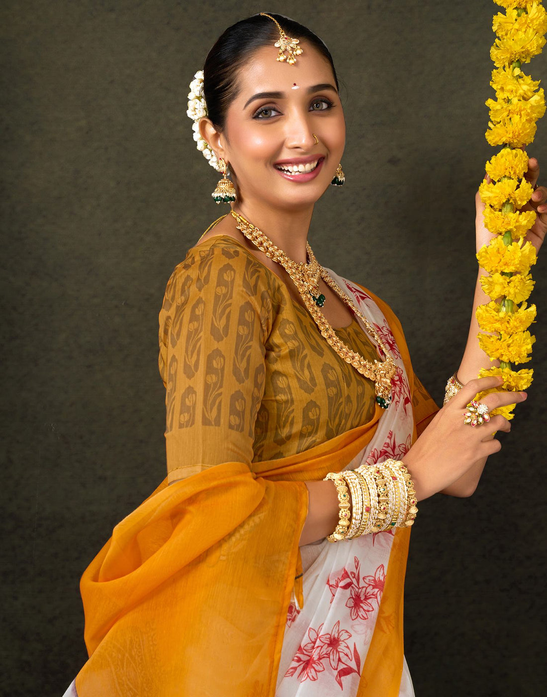 Off White Cotton Printed Saree