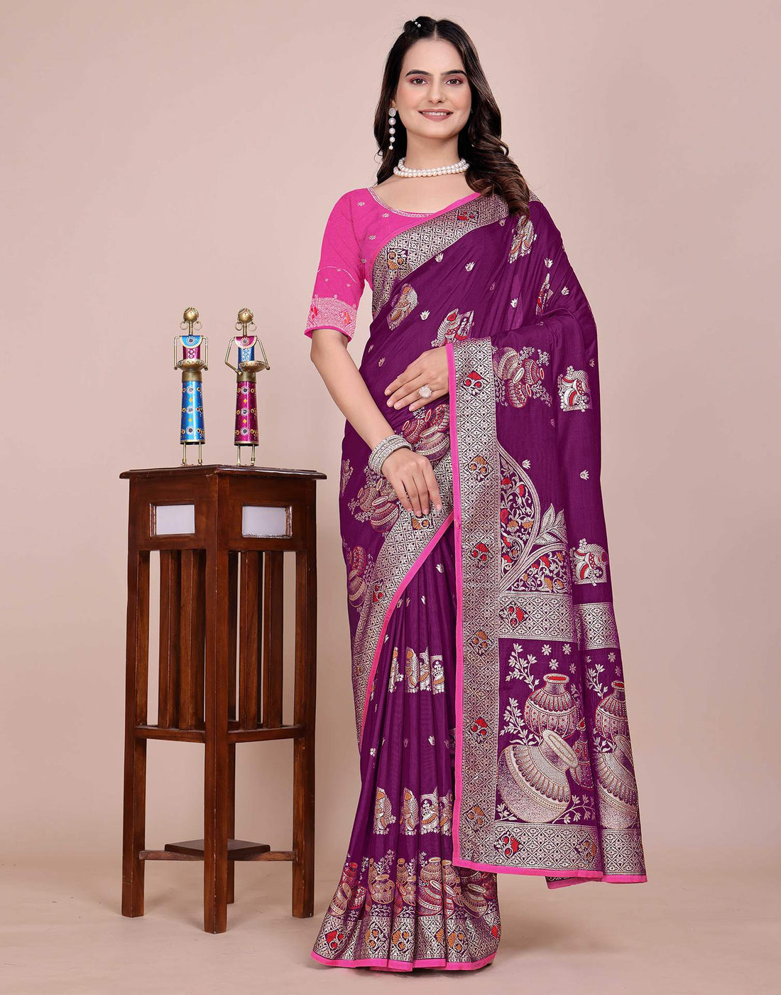 Wine Silk Woven Saree