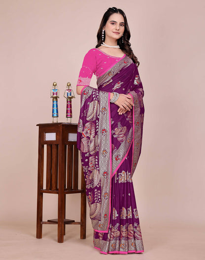 Wine Silk Woven Saree