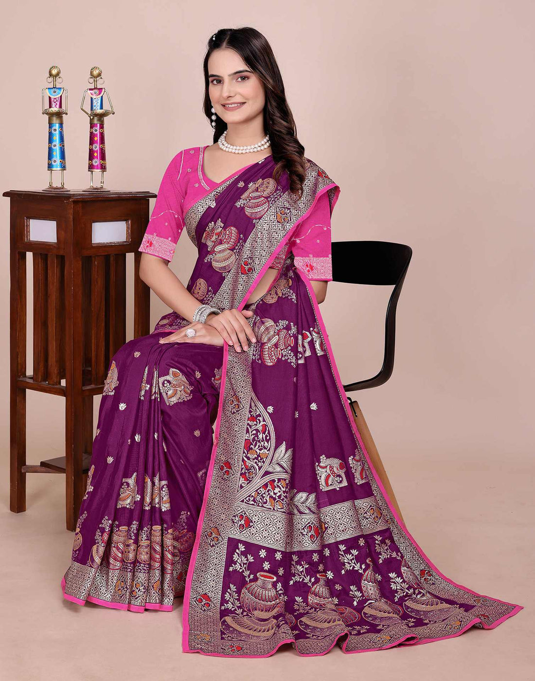 Wine Silk Woven Saree