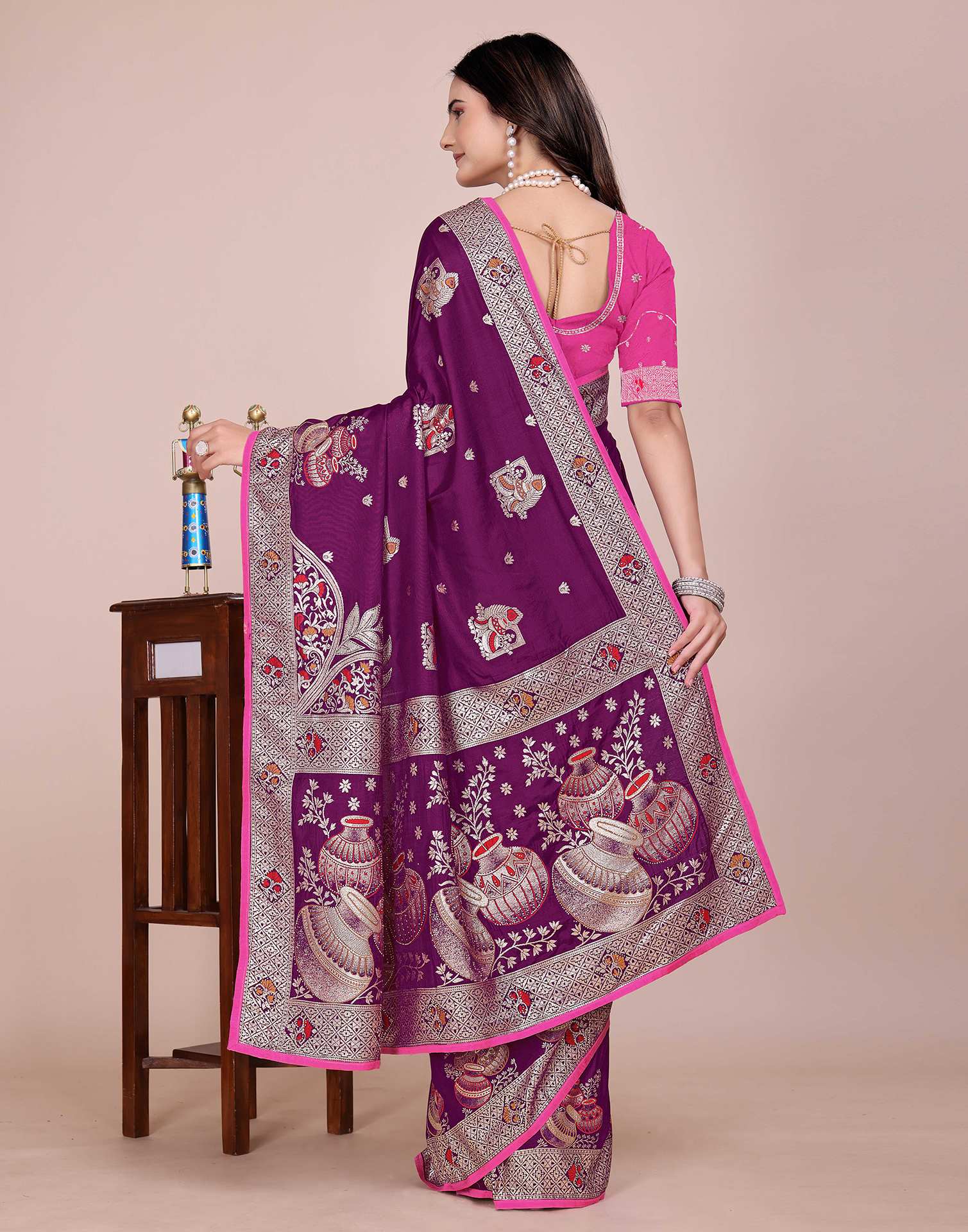 Wine Silk Woven Saree