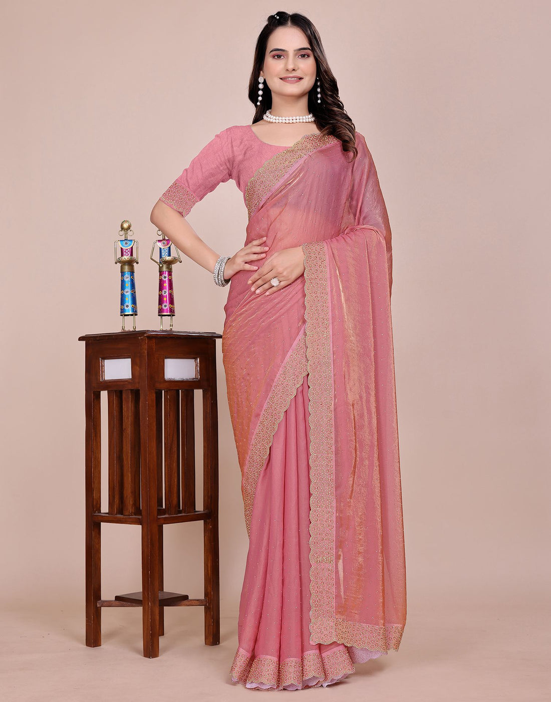 Coral Pink Tissue Silk Stone Work Swarovski Saree
